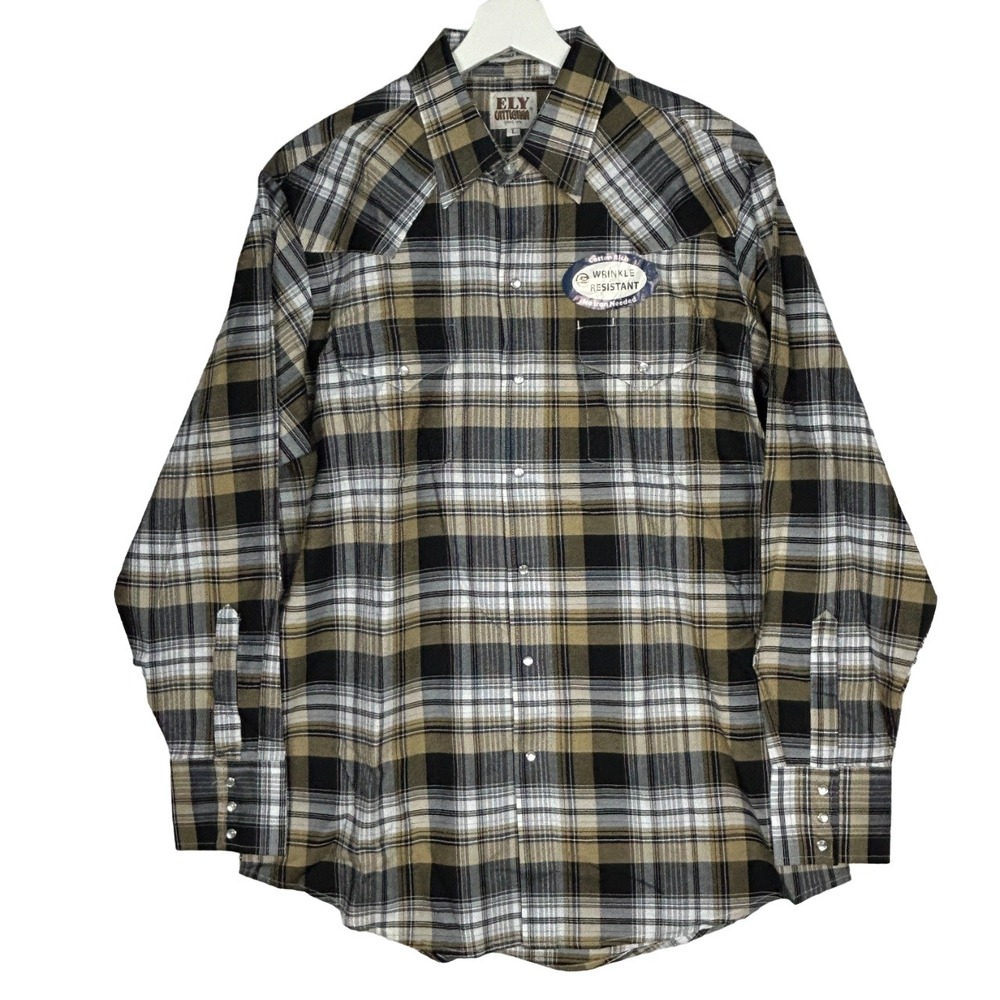 Ely Cattleman Pearl Snap Western Shirt‎ Plaid Mens L Wrinkle Resistant